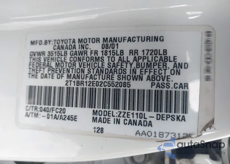 2002 Toyota Corolla S from USA, damaged, VIN 2T1BR12E02C552085